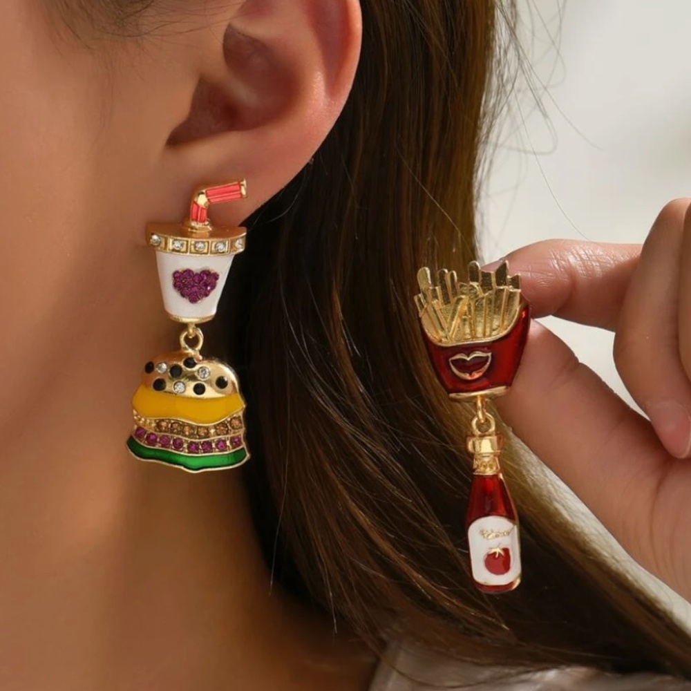 ❤️ FREE Burger Fries Food Drink Soda Ketchup Drop Rhinestone Artsy Art Earrings